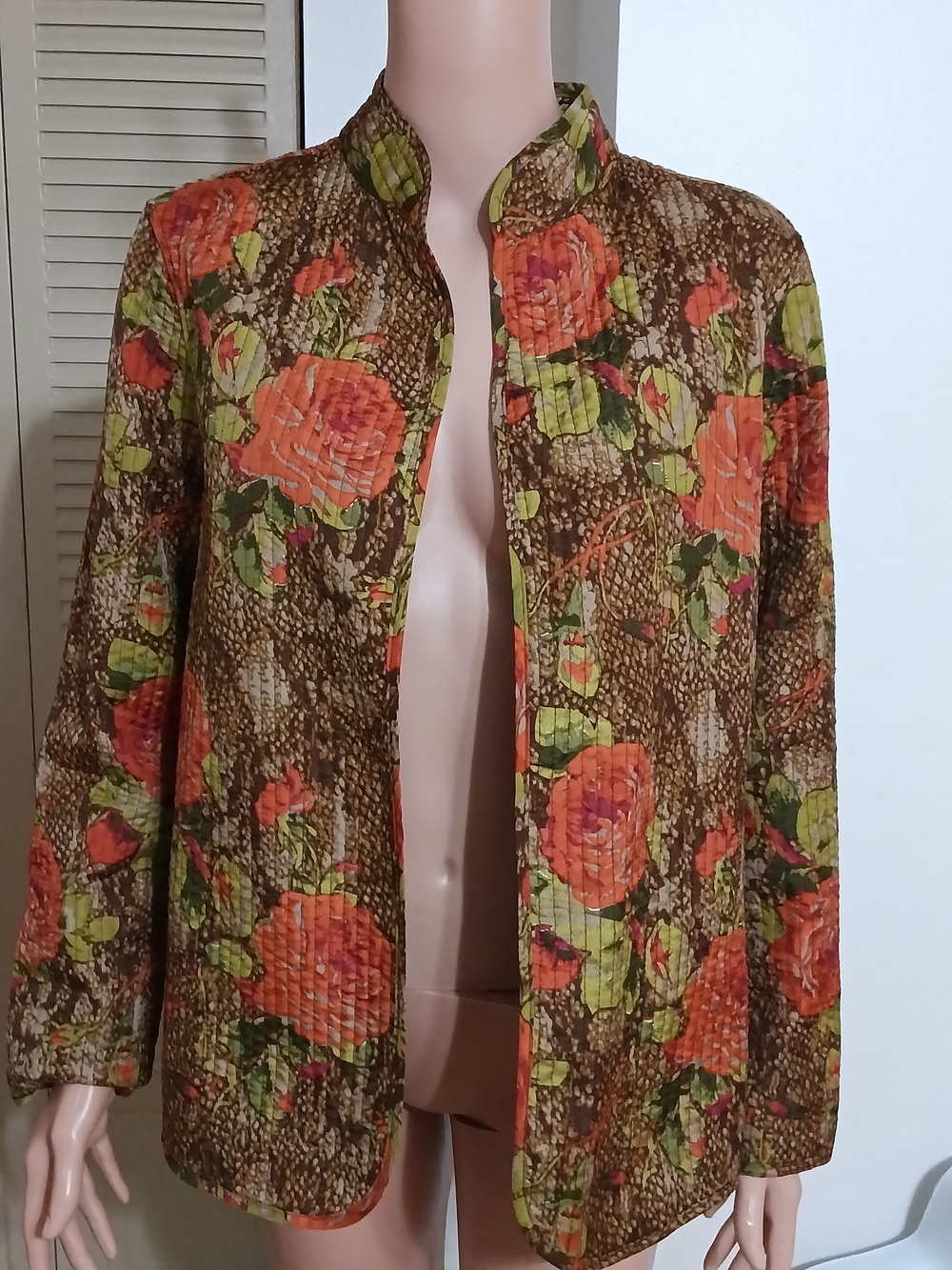 Coral Bay Brown Floral Quilted Jacket with Coral Accents